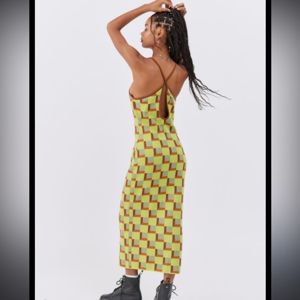 Urban Outfitters Another Girl Jojo Knit Check Midi Dress Green